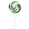 Green and White Whirly Pop with a custom full color label
